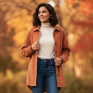 🆕Cozy Chic Caramel Corduroy Button-Down Shirt Shacket Long Sleeve Boho Layering